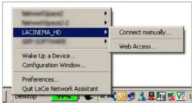 Network Spain Network Spain 2 LACINEMA_HD Connect manually... Web Access... Wake Up a Device... Configuration Window... Preferences... Quit LaCie Network Assistant Desktop 99%