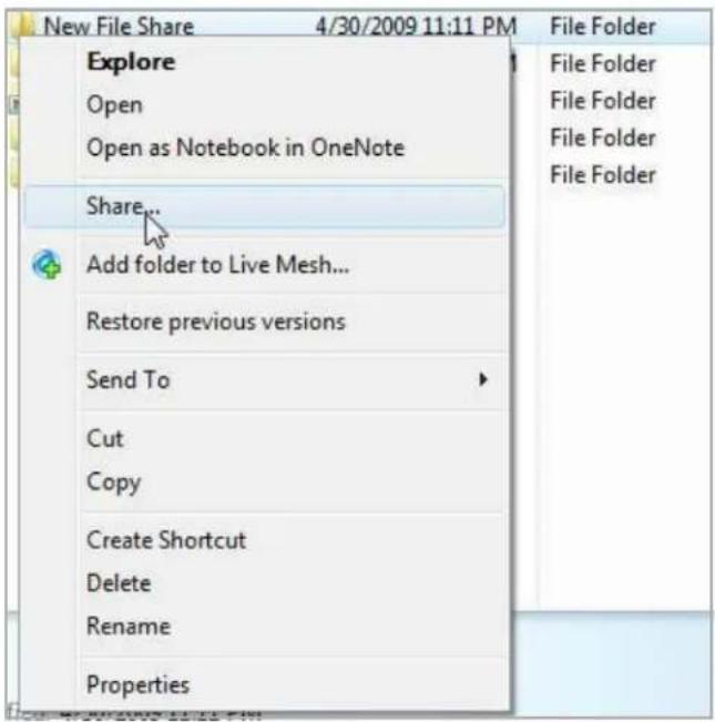 New File Share 4/30/2009 11:11 PM File Folder Explore Open Open as Notebook in OneNote Share... Add folder to Live Mesh... Restore previous versions Send To Cut Copy Create Shortcut Delete Rename Properties