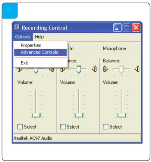Recording Control Options Help Properties Advanced Controls Exit Balance: Volume: Volume: Volume: Select Select Select Realtek AC97 Audio