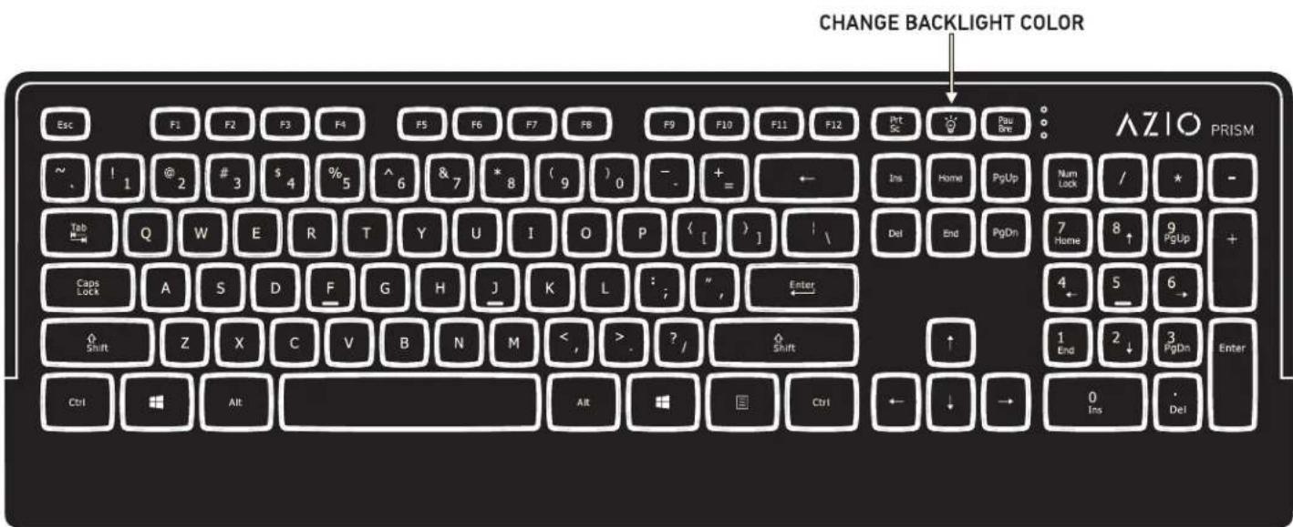 CHANGE BACKLIGHT COLOR Esc F1 F2 F3 F4 F5 F6 F7 F8 F9 F10 F11 F12 Prt Sc Pau Bire ~ ! 1 @ 2 # 3 $ 4 % 5 ^ 6 & 7 * 8 ( 9 ) 0 - + = ← Ins Home PgUp Num Lock / * - Tab Q W E R T Y U I O P [ ] | \ Del End PgDn 7 Home 8 ↑ 9 PgUp + Caps Lock A S D F G H J K L : ; " , Enter Shift Z X C V B N M < , > . ? / Shift ↑ 1 End 2 ↓ 3 PgDn Enter Ctrl Alt AR Ctrl Left ↓ → 0 Ins Del AZIO PRISM