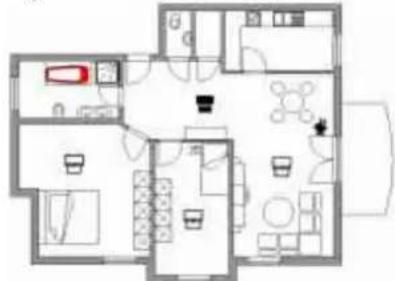 Floor plan diagram with labeled rooms and furniture layout, including a highlighted room for scale reference.
