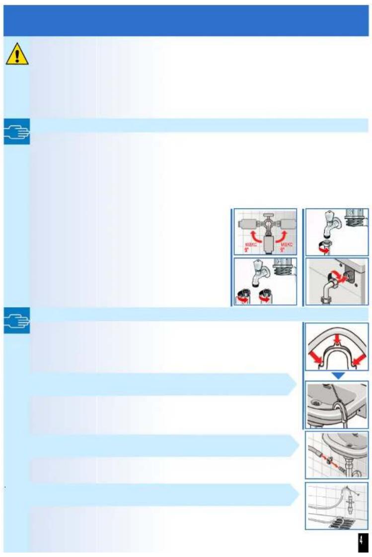 Diagram illustrating a mechanical or plumbing system with warning symbols and labeled components, including pipe fittings, valve positions, and structural changes.