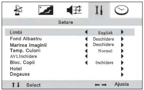 Setare Limbi Fond Albastru Marirea Imaginii Temp. Culorii AVLInchidere Bloc. Copii Hotel Degauss English Deschidere Deschidere Normal Inchidere Select Ajusta