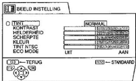 BEELD INSTELLING TINT KONTRAST HELDERHEID SCHERPTE KLEUR TINT NTSC ECO MODE NORMAAL UIT AAN (1) — TERUG FV OK RSD — STANDAARD