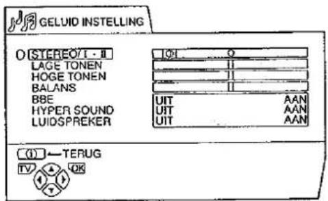 GELUID INSTELLING O STEREO/1 - II LAGE TONEN HOGE TONEN BALANS BBE HYPER SOUND LUIDSPREKER IOUT UIT AAN UIT AAN UIT AAN (1) - TERUG TV OK