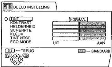 BEELD INSTELLING TINT KONTRAST HELDERHEID SCHERPTE KLEUR TINT NTSC ECO MODE NORMAAL UIT AAN (1) — TERUG TV + - OK - STANDAARD