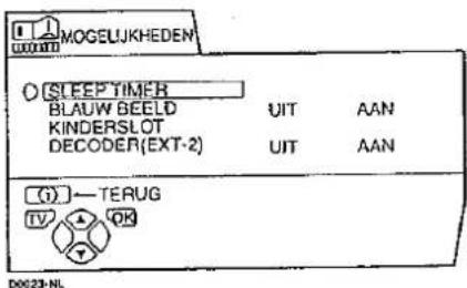 MOGELJKHEDEN SLEEP TIMER BLAUW BEELD KINDERSLOT DECODER(EXT-2) UIT AAN UIT AAN (1) — TERUG IV OK D0023-NL