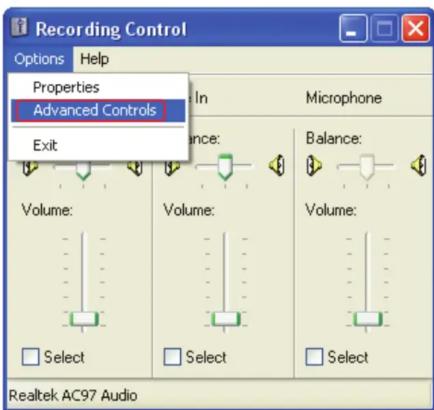 Recording Control Options Help Properties Advanced Controls Exit In Microphone Volume: Volume: Balance: Volume: Select Select Select Realtek AC97 Audio