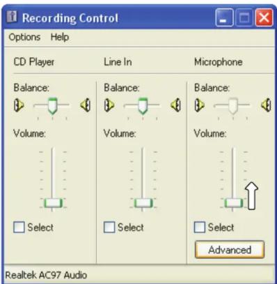Recording Control Options Help CD Player Line In Microphone Balance: Balance: Balance: Volume: Volume: Volume: Select Select Select Advanced Realtek AC97 Audio