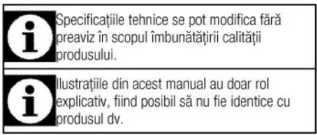 i Specificațiile tehnice se pot modifica fără preaviz în scopul îmbunătățirii calității produsului. i Ilustrațiile din acest manual au doar rol explicativ, fiind posibil să nu fie identice cu produsul dv.
