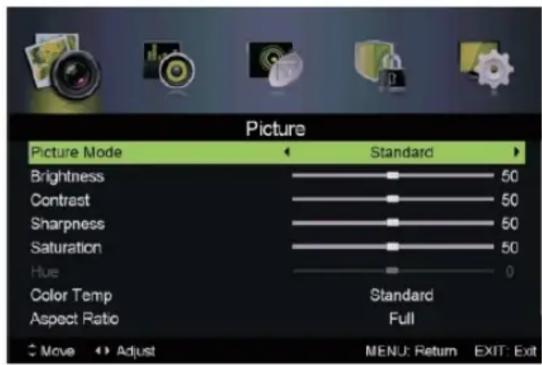 Picture Picture Mode Standard Brightness 50 Contrast 50 Sharpness 50 Saturation 50 Hue 0 Color Temp Standard Aspect Ratio Full Move Adjust MENU: Return EXIT: Exit