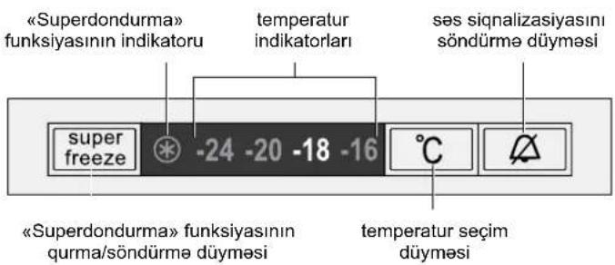 «Superdondurma» funksiyasının indikatoru temperatur indikatorları ses siqnalizasiyasını söndürme düymesi super freeze -24 -20 -18 -16 °C «Superdondurma» funksiyasının qurma/söndürme düymesi temperatur seçim düymesi