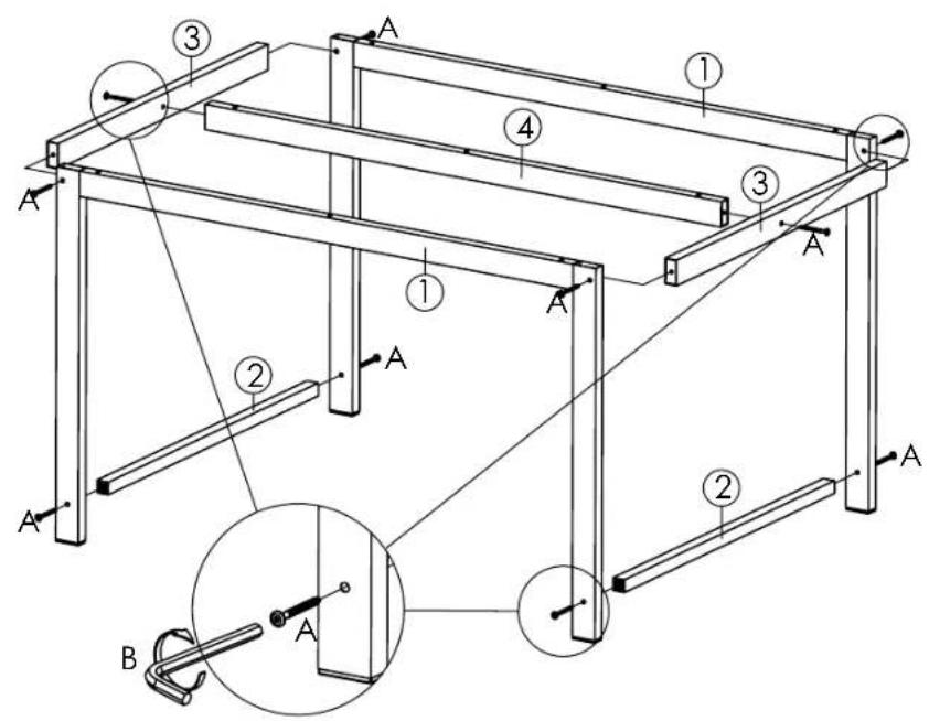 Technical diagram of a structural frame assembly with labeled components and cross-section view
