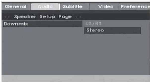 General Audio Subtitle Video Preference -- Speaker Setup Page -- Downmix LT/RT Stereo