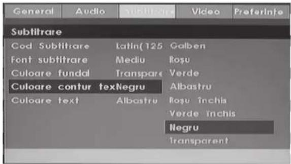 General Audio Subtitrare Video Preferlnte Subtitrare Cod Subtitrare Latin(125 Galben Font subtitrare Mediu Rosu Culoare fundal Transpare Verde Culoare contur texNegru Albastru Culoare text Albastru Rosu Inchis Verde Inchis Negru Transparent
