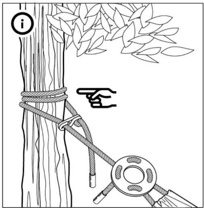 Diagram illustrating rope knotting and hanging mechanism with labeled parts and directional indicator