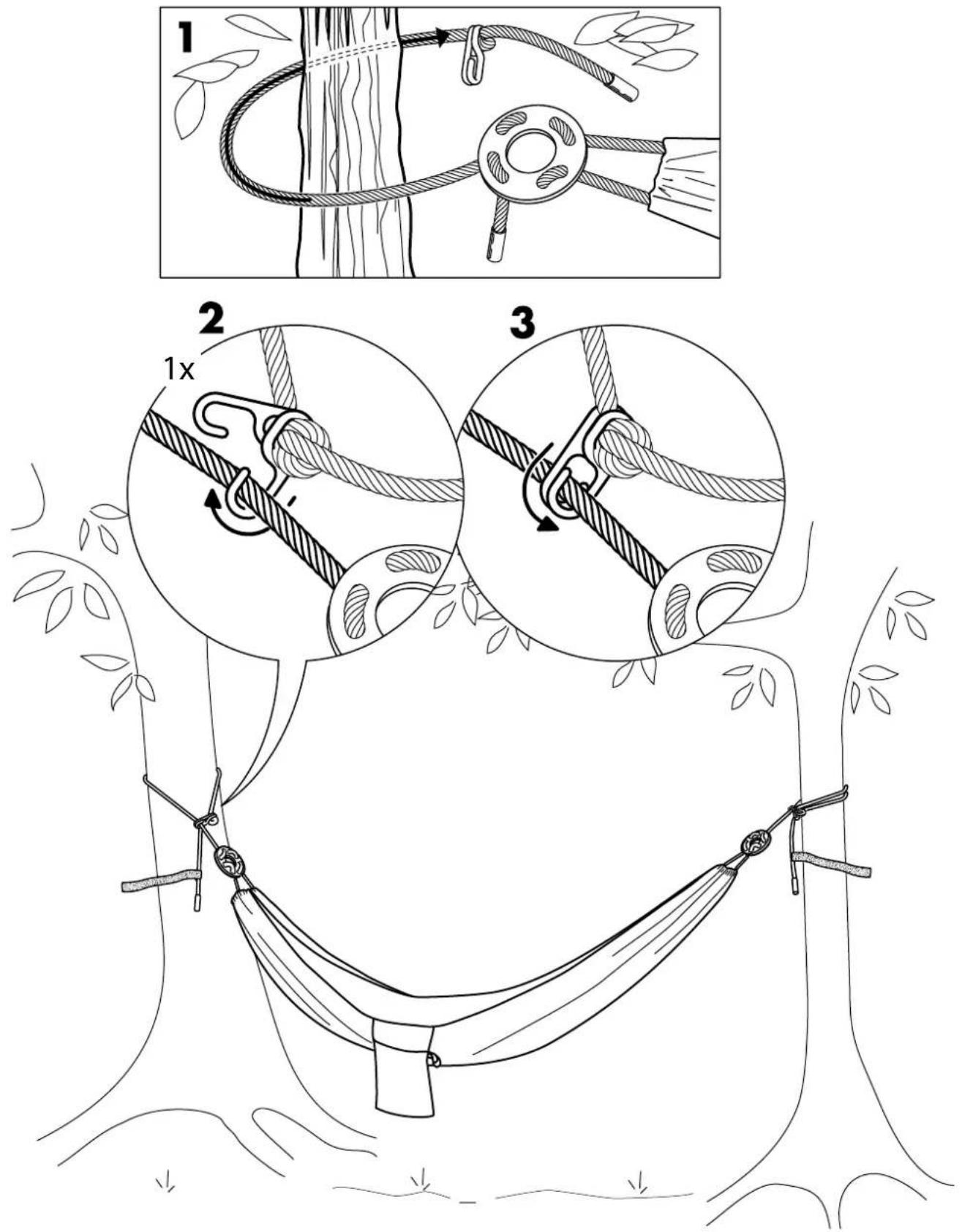 Diagram illustrating three steps of hanging rope knotting, showing rope knotting and knotting details with numbered annotations.