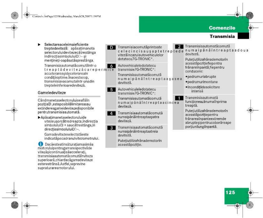 Controls, în Page 125 Wednesday, March 28, 2007: 19PM Comenzile Transmisia ► Selectareaceleimaleficiente treptedeviteză: apăsațimaneta selectoruluidevitezecătrestânga indirectțasimboluluiD – și mențineți-oapăsatăsprestânga. Transmisiaautomatacomutăintr-o treaptă deviteză care permite acelerareașidecelerarea în condițioptime.Inacestscop, transmisiaavomutaintr-unadin trepteleinferioaredeviteză. Gameledeviteze Cândmanetaselectoruluiseaflăin pozițiaD*, esteposibilălimitareasau extindereagameidevitezedisponibile pentrutransmisiaautomată. ►Apăsațimanetaselectoruluide vitezegorcâtredrepta,indirectia simboluluiD + saucâtrestânga,în direcțiasimboluluiD'. Gamadevitezeselectatăeste indicatăpecadranulvitezometrului. ¹ Dacăsteatinsăturatiamaximăa motorulipentrugamarespectivăde vitezășicontinuațisăacceleraii, transmisiautomatacomutăinviteza superioară,chiardacăgamadeviteze esterestrănsă.Astfel,seprevine supraturareamotorului. D Transmisiautomutăprintoate celecincisausaptetreptede vitezăincazulautovehiculelor dotatecu7G-TRONIC*. 6 Autovehiculeledotatecu transmisie7G-TRONIC*: Transmisiautomatacomută numaipânăîntreaptaașasea deviteză. 5 Autovehiculeledotatecu transmisie7G-TRONIC*: Transmisiautomatacomută numaipânăîntreaptaacincea deviteză. 4 Transmisiautomatacomută numaipânăîntreaptaapatra deviteză. 3 Transmisiautomatacomută numaipânăîntreaptaatreia deviteză. Putețiutilizafrânademotorin aceastăpozițiepentru frânareinpantă,fiepentru conducere: • pedrumuriabrupte • pedrumurimontane • incondițiidesolicitare intensă 1 Transmisiaautomată funcționeazănumaînprima treaptă. Putețiutilizafrânademotorin aceastăpozițiepentru frânareaînpanteextremde abrupteșipentrucoborăreape portiunilungînpantă. 125