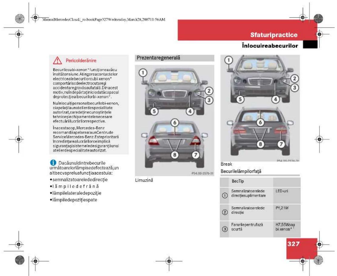 ManualMercedesClassL_ro.bookPage327Wednesday,March28,200711:56AM Sfaturipractice Înlocuireabecurilor Preicolderânire Becurilecubixenon *funționeazăcu înaltătersiune.Atingereacontactelor electricealebecurilorcubi xenon* comportăriscdeelectrocutareșl accidentaregravăsaufatală. Dinacest motiv.nuîndeρătaținiciodatațacapul deprotectțeabecurilorbi-xenon". Nuînocuitipersonalbecurilebi-xenon, ciapelațilaunatelierdespecialitate autorizat,caredeținecunoștințele tehniceșiechipamentelenecesare efectuărilucrărilorrespective. Înacestscop,Mercedes-Benz recomandăapelareaiaunCentru de ServiceMercedes-Benz Esteprioritară Încredințarealucrărilorceimplică siguranțasistemeledesiguranțaunui atelierdespecialitateautorizat. Dacăunuldintrebecurile următoarelorlămpisedefectează,un aitboevapreluafunctiaacestuia: • semnalizatoarelededirectie • lă mp i le d e fr â n â • lămpilelateraledepoziție • lămpiledepozițiespate Prezentaregenerală Limuzină 1 2 3 5 4 6 7 P54.00-2576-31 1 2 3 5 4 6 7 Break Becurilelămpilorfață BecTlp ① Semnalizatoarelede directișsuplimentare LED-uri ② Semnalizatoarelede direcție PY,21W ③ Farurilepentrufază scurtă H7,55Wsau bi xenon*¹ 327