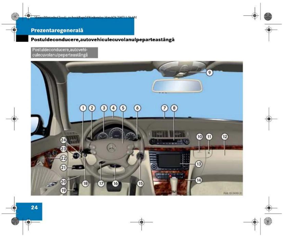 Prezentaregenerală Postuldeconducere,autovehiculecuvolanulpeparteastângă Postuldeconducere,autovehiculecuvolanulpeparteastângă 24 1 2 3 4 5 6 7 8 23 22 21 20 19 18 17 16 15 14 13 12 11 10 9 VirtualMercedes/Classics-no-bookPage 24 Wednesday: Munich 28-2007 L1:56 AM PAB.10-3499-21 24