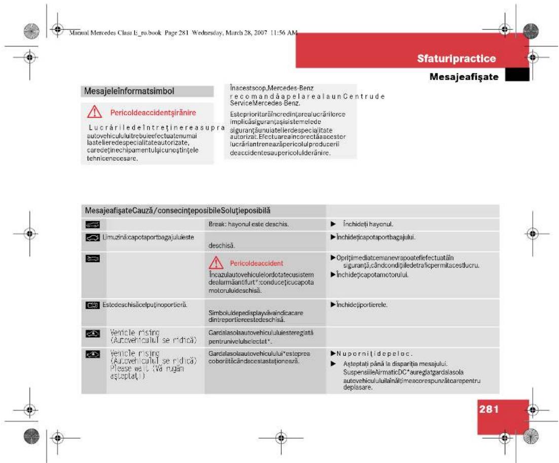 Manual Mercedes Class E_ro.book Page 281 Wednesday, March 28, 2007 11:56 AM Sfaturipractice Mesajeafisate Mesajeleînformatsimbol ⚠️ Pericoldeaccidentşirănire Lucrările deîntreținereasupra autovehiculultrebuilefectuatenumai laatelieredespecialitateautorizate, caredeținechipamentulşicunosțințele tehnicopecesare. Înceatscop.Mercedes-Benz recomandăapelarealaun Centrude ServiceMercedes Benz. Esteptritorarăîncredințarealucrărilorce implicăsiguranțațiaistemelede siguranțăunulatelierdespeciațitate autorizat. Effectuareaincorectăasacestor lucrăriantreneazăpericolulproducerii deaccidentesaupericolulderănire. MesajeafisateCauză/consecințeposibileSolutieposibilă Break: hayonul este deschis. ▶ Închideți hayonul. Umuzinăcapotaportoagajuluieste deschisă. ▶Închidețicapotaporthagajului. ⚠️ Pericoldeaccident Încazulautovehiculelordotatecusistem dealamăantofurt “conducețicucapota motoruluideschisă. ▶Opritimediatcemanevraopateifefectuatăin siguranță,cândcondițiledetraliopermitacestlucru. ▶Închidețicapotamotorului. Estedeschisăcelputinoportieră. Simboludepedisplayvăvaindicacare dintroportierestedeschisă. ▶Închidețiportierele. Vehicle rising (Aurovehiculul se ridică) Gardalasola autovehicululuiestereglată pentruivelulsicatat. ▶Vehicle rising (Aurovehiculul se ridică) Gardalasola autovehiculului*estisprea coborătăcândacestastationesză. ▶Nupornițidepeloc. ▶Așteptati până la disparitia mesajului. SuspensiileAirmaticDC*aureglatgardlasola autovehicululuiâinătjimeacorespunzătoarepentru deplasare. 281