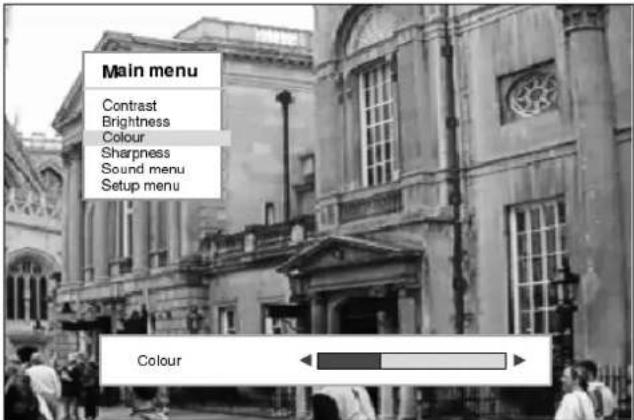 Main menu Contrast Brightness Colour Sharpness Sound menu Setup menu Colour