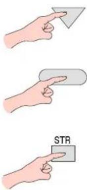 Illustration showing three hand gestures: pointing at a triangle, pressing a rounded rectangle, and clicking a button labeled 'STR'.