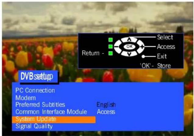 Select Access Exit 'OK' - Store Return - DVBsetup PC Connection Modem Preferred Subtitles English Common Interface Module Access System Update Signal Quality