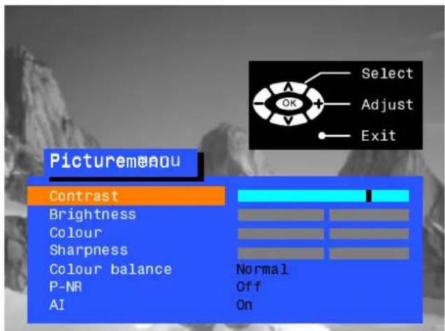 Picturemon Contrast Brightness Colour Sharpness Colour balance P-NR AI Select Adjust Exit Normal Off On