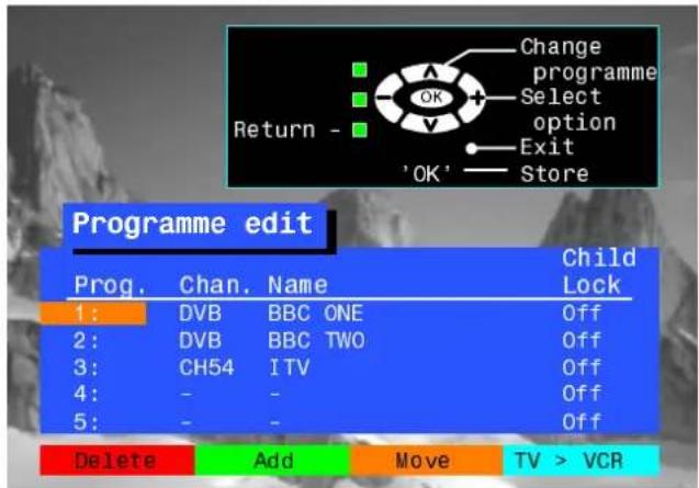 Change programme Select option Exit 'OK' Store Programme edit Prog. Chan. Name Child Lock 1: DVB BBC ONE Off 2: DVB BBC TWO Off 3: CH54 ITV Off 4: - - Off 5: - - Off Delete Add Move TV > VCR