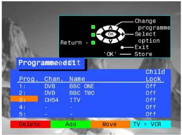 Change programme Select option Exit 'OK' Store Programmeedit Prog. Chan. Name Child Lock 1: DVB BBC ONE Off 2: DVB BBC TWO Off 3: CH54 ITV Off 4: - - Off 5: - - Off Delete Add Move TV > VCR