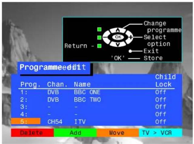 Change programme Select option Exit 'OK' Store ProgrammeEdit Prog. Chan. Name Child Lock 1: DVB BBC ONE Off 2: DVB BBC TWO Off 3: - - Off 4: - - Off 5: CH54 ITV Off Delete Add Move TV > VCR