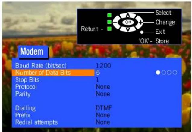 Modem Baud Rate (bit/sec) 1200 Number of Data Bits 5 Stop Bits 1 Protocol None Parity None Dialling DTMF Prefix None Redial attempts None