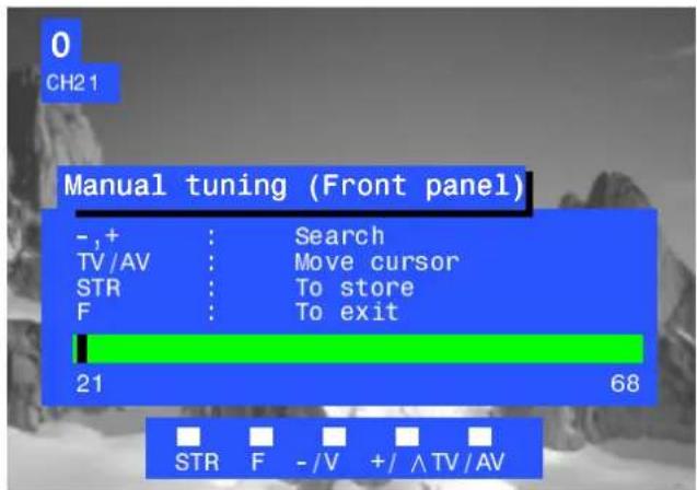 0 CH21 Manual tuning (Front panel) - ,+ : Search TV/AV : Move cursor STR : To store F : To exit 21 68 STR F - /V +/ ^ TV/AV