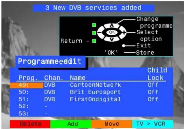 3 New DVB services added Change programme Select option Exit 'OK' Store Return - Programmeeddit Prog. Chan. Name Child Lock 49: DVB CartoonNetwork Off 50: DVB Brit Eurosport Off 51: DVB FirstOndigital Off 52: - 53: - Delete Add Move TV > VCR