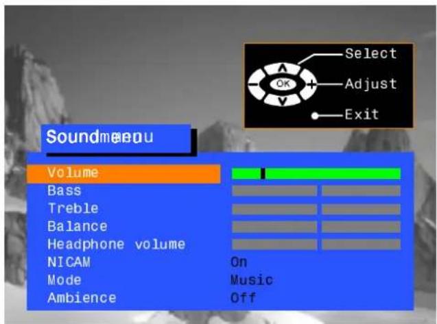 Soundmeau Volume Bass Treble Balance Headphone volume NICAM Mode Ambience Select Adjust Exit On Music Off
