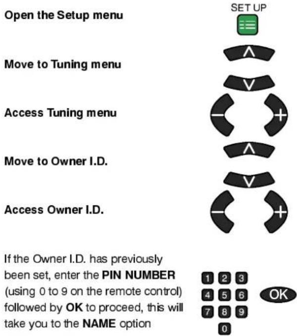 Open the Setup menu Move to Tuning menu Access Tuning menu Move to Owner I.D. Access Owner I.D. SET UP If the Owner I.D. has previously been set, enter the PIN NUMBER (using 0 to 9 on the remote control) followed by OK to proceed, this will take you to the NAME option