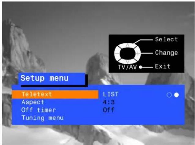 Setup menu Teletext LIST Aspect 4:3 Off timer Off Tuning menu