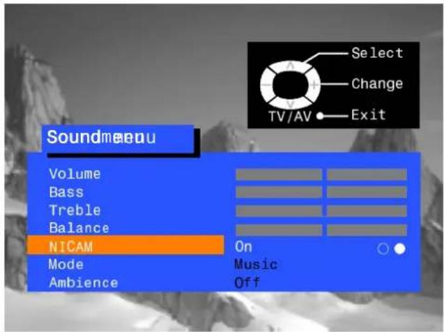 Soundmeau Volume Bass Treble Balance NICAM Mode Ambience On Music Off Select Change TV/AV Exit