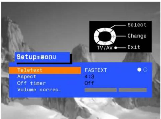 Setupmeou Teletext Aspect Off timer Volume correc. FASTEXT 4:3 Off Select Change TV/AV Exit