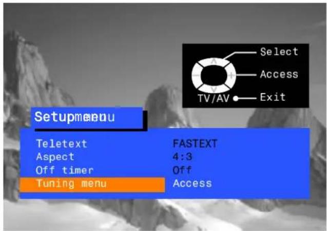 Setupmenu Teletext FASTEXT Aspect 4:3 Off timer Off Tuning menu Access