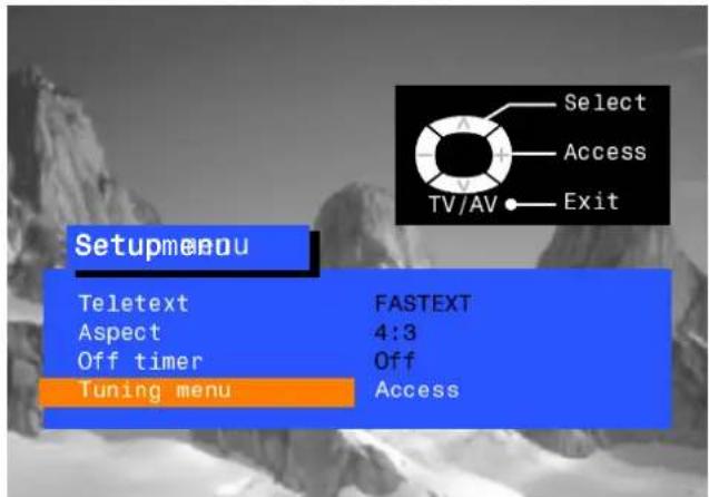 Setupmenu Teletext FASTEXT Aspect 4:3 Off timer Off Tuning menu Access