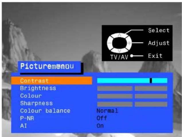 Select Adjust TV/AV Exit Picturemonou Contrast Brightness Colour Sharpness Colour balance P-NR AI Normal Off On
