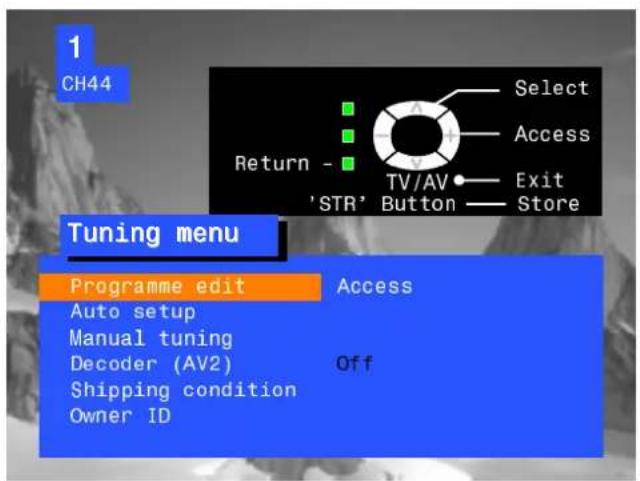 1 CH44 Select Access Return - TV/AV Exit 'STR' Button Store Tuning menu Programme edit Access Auto setup Manual tuning Decoder (AV2) Off Shipping condition Owner ID
