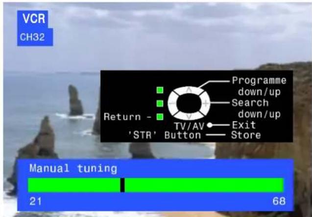 VCR CH32 Return - 'STR' Button Programme down/up Search down/up Exit Store Manual tuning 21 68