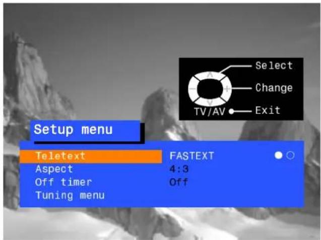 Setup menu Teletext FASTEXT Aspect 4:3 Off timer Off Tuning menu