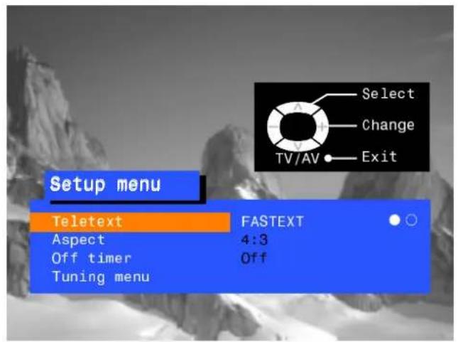 Setup menu Teletext FASTEXT Aspect 4:3 Off timer Off Tuning menu