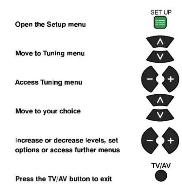Open the Setup menu Move to Tuning menu Access Tuning menu Move to your choice Increase or decrease levels, set options or access further menus Press the TV/AV button to exit SET UP TV/AV
