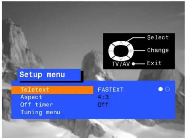 Setup menu Teletext FASTEXT Aspect 4:3 Off timer Off Tuning menu