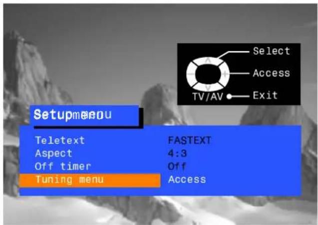 Setupmenu Teletext FASTEXT Aspect 4:3 Off timer Off Tuning menu Access